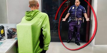 Man in green hoodie faces confused security guard.