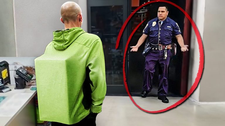 Man in green hoodie faces confused security guard.