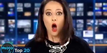 Surprised woman in broadcast studio, mojo logo visible.