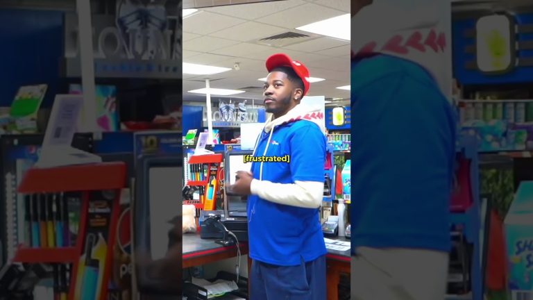 Employee stands frustrated in a convenience store.