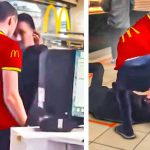 People interacting in McDonald's uniforms at restaurant