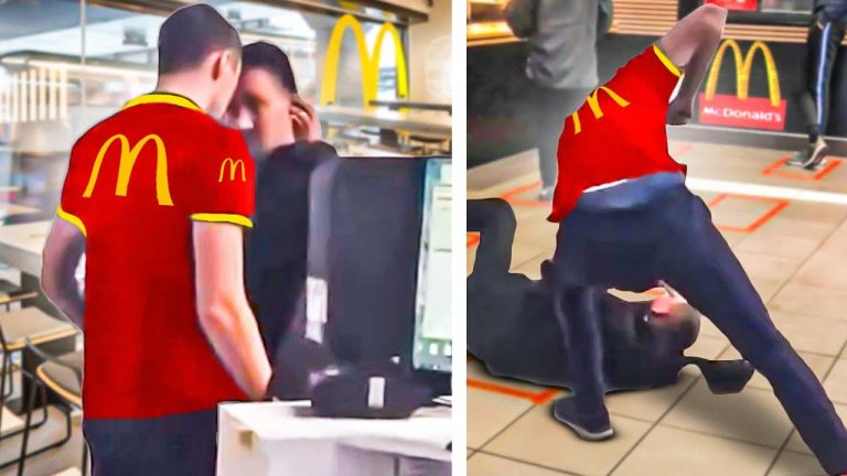 People interacting in McDonald's uniforms at restaurant