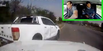 Dashcam captures car collision on a road.