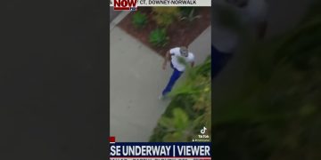 Aerial view of person running on sidewalk.