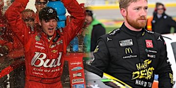 Two race car drivers celebrating and focused.