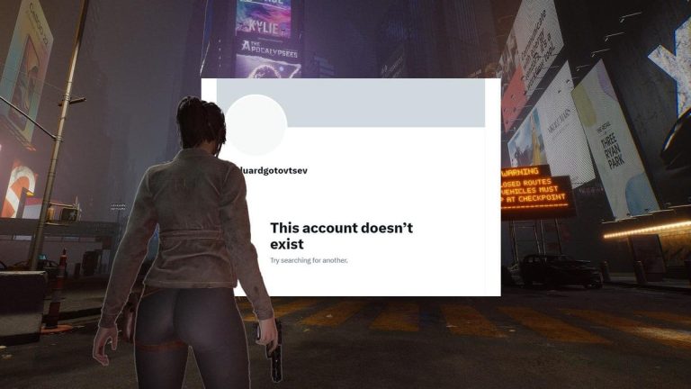 City scene with 'This account doesn’t exist' message.