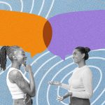 Two women talking with colorful speech bubbles.