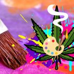 Paintbrush and cannabis leaf art burst with colors.