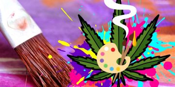 Paintbrush and cannabis leaf art burst with colors.