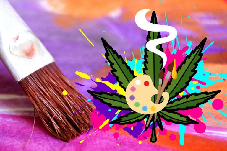 Paintbrush and cannabis leaf art burst with colors.