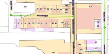 Detailed street map with property boundaries and numbers.