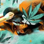 Couple kissing surrounded by cannabis leaves