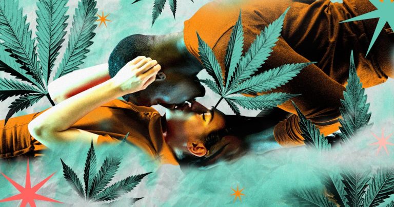 Couple kissing surrounded by cannabis leaves