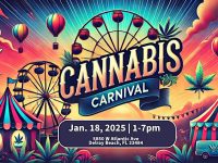 Cannabis Carnival event with colorful tents and balloons.