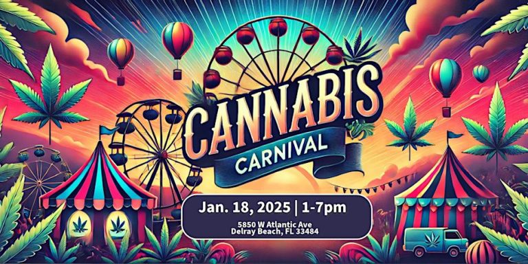 Cannabis Carnival event with colorful tents and balloons.