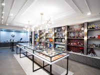 Modern retail store with glass display cases and shelves