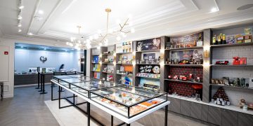 Modern retail store with glass display cases and shelves