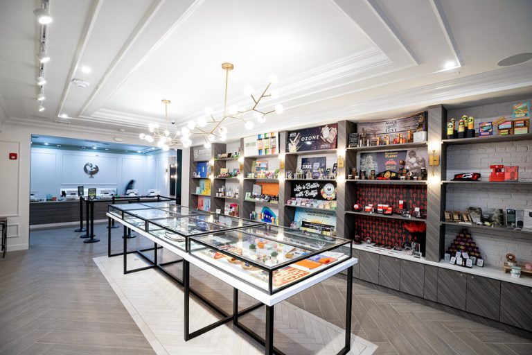 Modern retail store with glass display cases and shelves