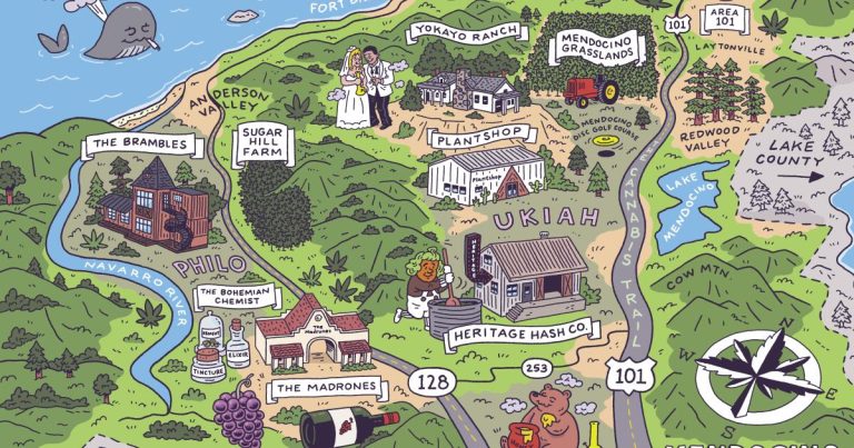 Illustrated map of Mendocino County attractions.