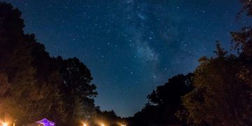 Starlit campsite under a clear night sky.