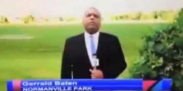 Reporter in park reporting news segment.