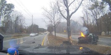 Car crash into tree with engine fire.