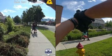 Police bodycam footage of a park altercation scene.