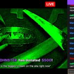 Green-hued live stream with saw and chat messages.