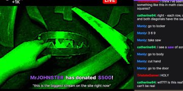 Green-hued live stream with saw and chat messages.