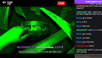 Green-hued live stream with saw and chat messages.