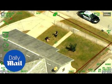 Aerial view of police near a suburban house.