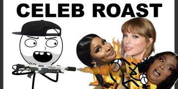 Cartoon roasting celebrities with flamethrower