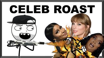 Cartoon roasting celebrities with flamethrower