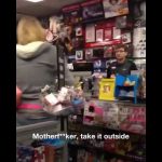 Person holding basket in busy store, confrontation happening.