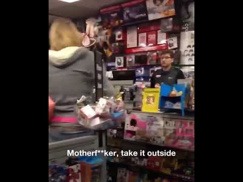 Person holding basket in busy store, confrontation happening.