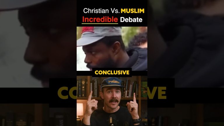 Christian vs Muslim debate, two speakers shown.