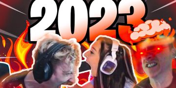 Excited gamers with fiery 2023 background