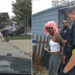 Police officers arresting a person on street.