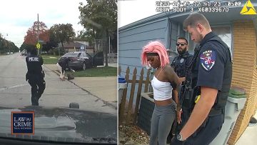 Police officers arresting a person on street.