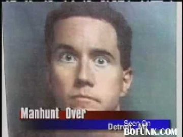 News broadcast with mugshot and headline 'Manhunt Over'.