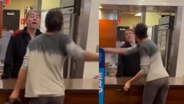 Two people arguing at a restaurant counter.