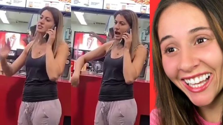 Woman on phone at fast food counter, smiling face.