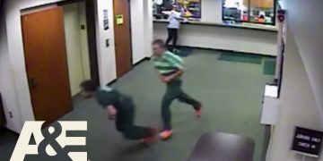 Two people running in front of reception desk