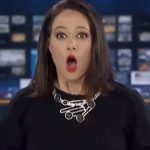 Surprised news anchor in broadcast studio