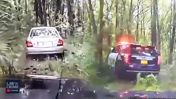 Police car pursuing vehicle through forest trail.