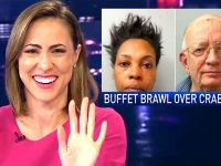 News anchor discusses buffet fight over crab legs.