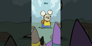 Cartoon mouse standing confidently among rocks.