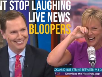 News anchors laughing during live bloopers.