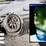 Car crash scene with inset mysterious face