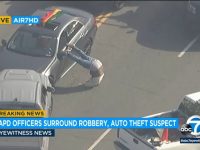 Police surround suspect's car during robbery investigation.